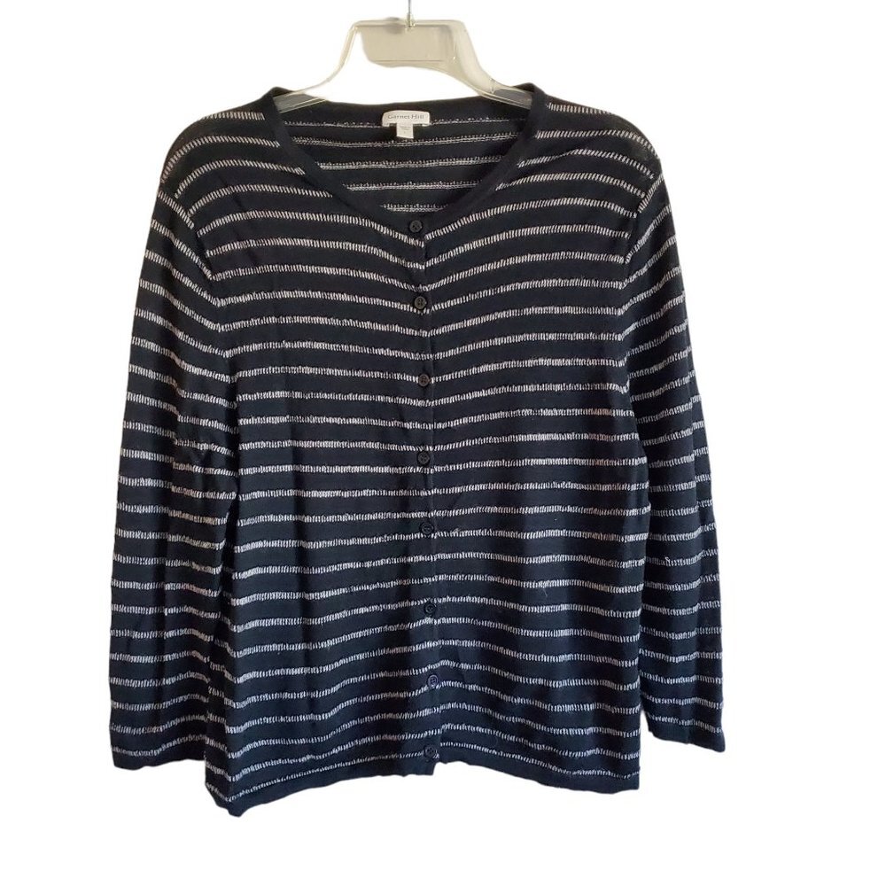Garnet Hill 100% Merino Wool Black and White‎ Strip Button Up Cardigan Large